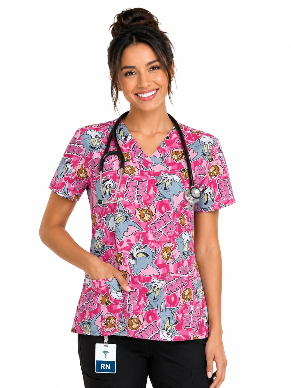 Tom & Jerry Women’s Pink Cartoon Print V-Neck Medical Scrub Top Size M